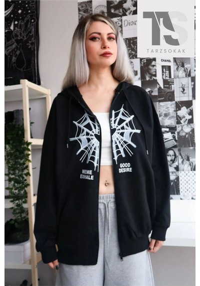 Tarzsokak Örümcek Ağ Desire Sweatshirt Fermuarlı Hırka Siyah