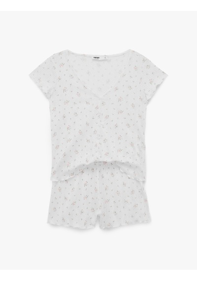 Koton Pamuklu Kısa Kollu Desenli Şortlu Pijama Takımı Ekru Desenli 6slk40197mk