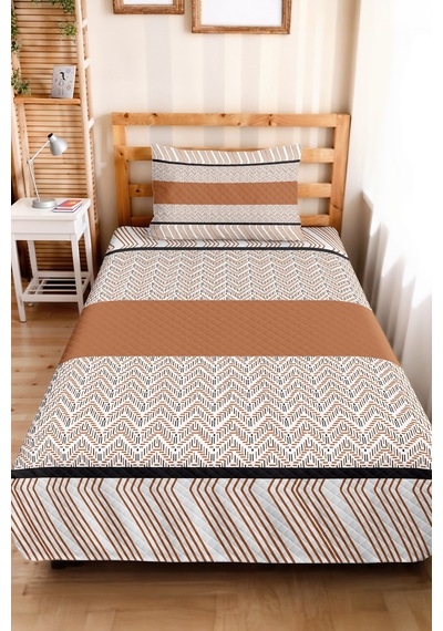 Kahverengi Geometrik Genç Odası Tek Kişilik Pike Takımı - Çizgili 160x220 Cm Kapitone Yatak Örtüsü Kumlu Ufuk Kıyısı