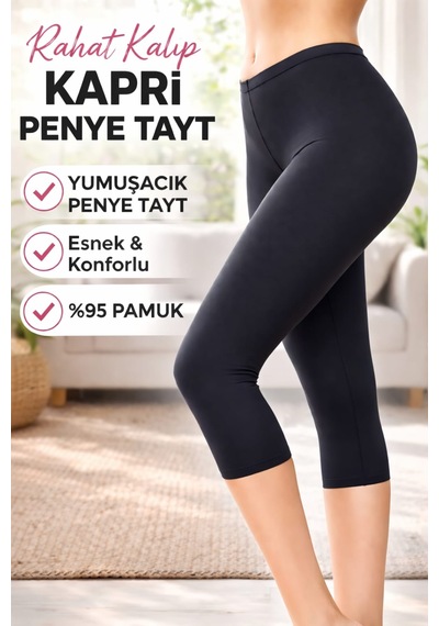 Süper Kalite Rahat Kalıp Yüksek Bel Ağlı Diz Altı Kapri Penye Siyah