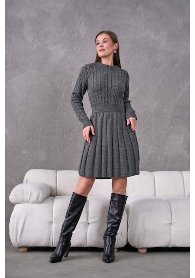 Flex Fashıon Saç Örgülü Trend Popüler Triko Mini Elbise Koyu Gri - 662242424 Koyu Gri - 662242424 Koyu Gri