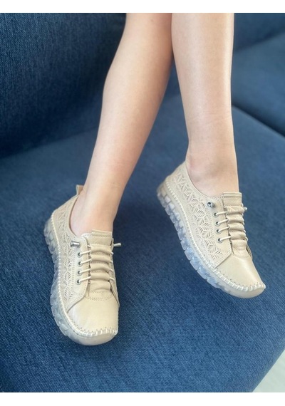 Bej Kadın Hakiki Deri Lastikli Ayarlanabilir Bağcıklı Rahat Taban Sneaker Miala 001