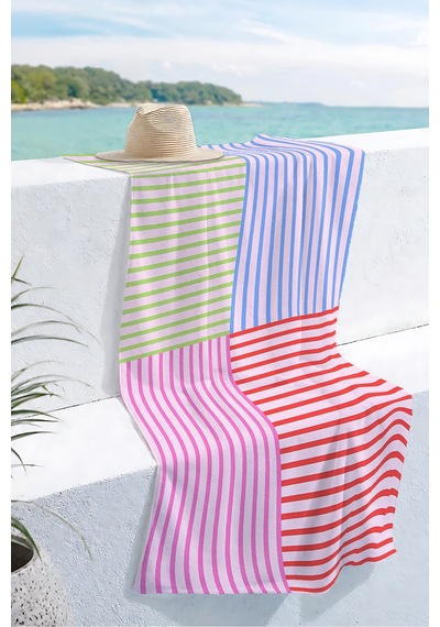 Çizgili Renk Bloklu Modern Plaj Havlusu - Pastel Minimalist Yazlık Hızlı Kuruyan Mikrofiber Havlu Bulut Şakayık