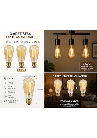 Rbr St64 Led Filament Armut Ampul E27 4w 2500k Amber Rustik 3 Lü Paket 3'Lü Paket