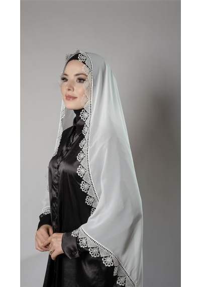Hürrem Bone Krem Namaz Başörtüsü Şal Şifon Kumaş Güpürlü 202106 40