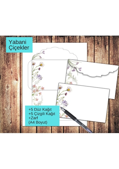 Yabani Çiçekler Zarflı Mektup Not Kağıdı, +5 Düz Kağıt +5 Çizgili Kağıt +zarf A4 Boyut