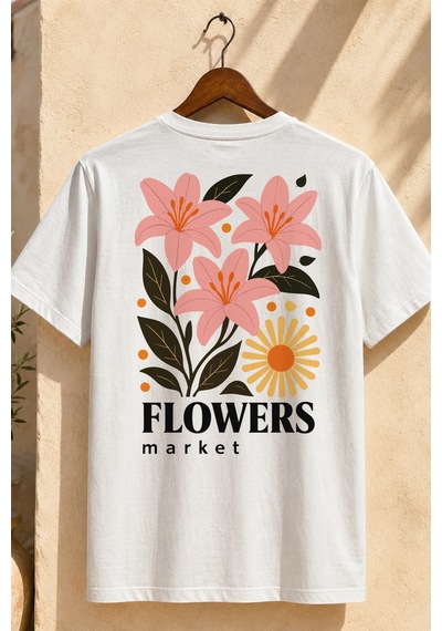 Spoyi Flower Market Tasarımlı %100 Pamuk Yarım Oversize Beyaz T-shirt