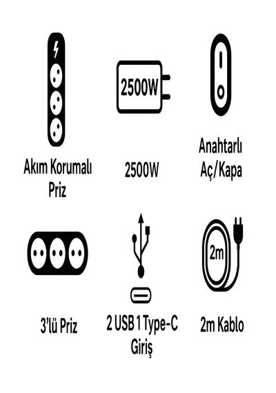 Ftr 2500w Termal Akım Korumalı 3 Lü Priz 2 Usb, 1 Type-c, Sigortalı Çoklayıcı, 2 M Kablo 0.2 M