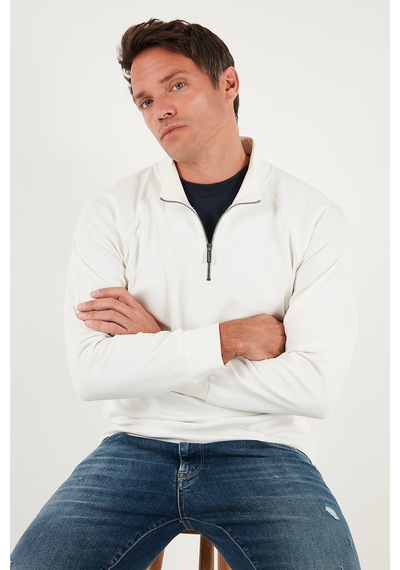 Buratti Pamuklu Relaxed Fit Yarım Fermuarlı Dik Yaka Erkek Sweat 5901232 Ekru
