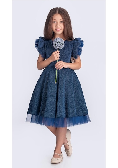 Mnk Baby & Kids Simli Şanzelize Kız Çocuk Abiye Elbise M00669 İndigo