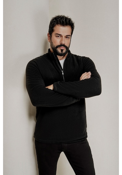 Erkek Sıyah Anti-pilling Tüylenme Yapmayan Standart Fit Dik Yaka Polar Sweatshirt Siyah