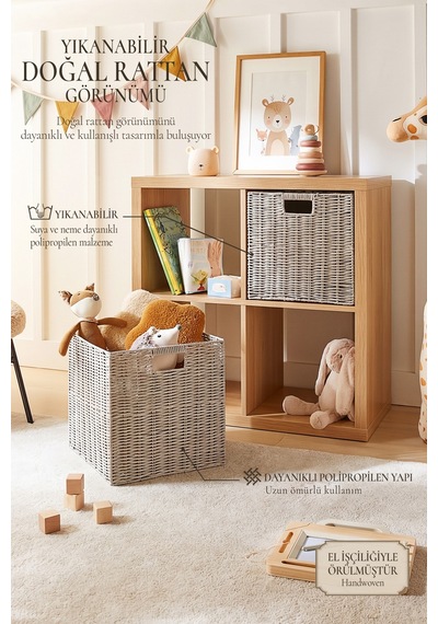 Ocean Home Textile 2'li Çocuk Odası Yıkanabilir Gri Pp Rattan Sepet Set 33 X 33 X 33 Cm