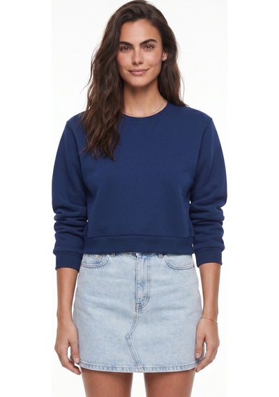 Onloox Kadın Lacivert Lacivert Şardonlu Bisiklet Yaka Basic Crop Uzun Kollu Ribana Detaylı Sweatshirt
