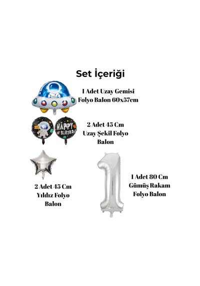1 Yaş Uzay Temalı Doğum Günü Seti Uzay Folyo Şekiller Gümüş Folyo Rakam Çok Renkli