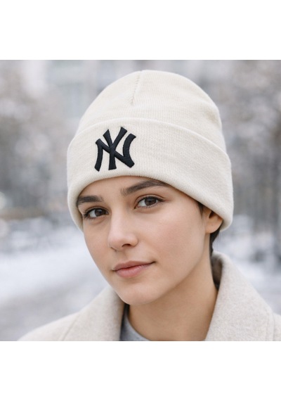 Ny Logolu Unisex Kışlık Bere Pamuk Akrilik Karışım Yumuşak Dokulu, Tek Beden Beyaz
