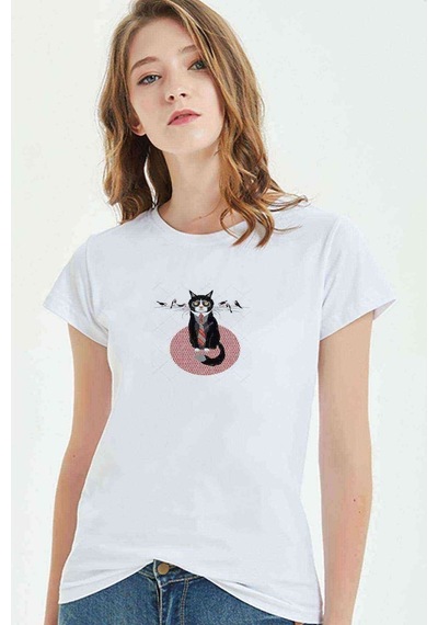 Kuşlar Ile Kravat Huysuz Kedi Grumpy Baskılı Beyaz Kadın Tshirt