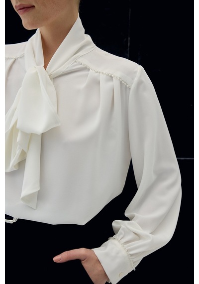 Sateen Aksesuar Detaylı Fularlı Bluz - Ekru-137041 Ekru