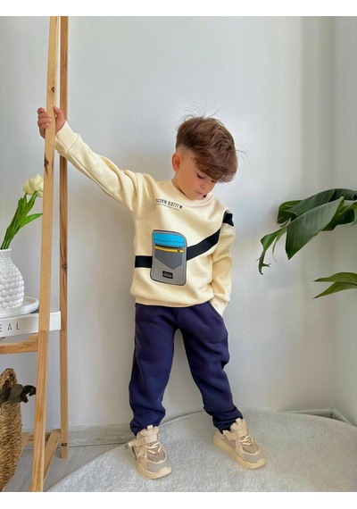 Jolly Kids Erkek Çocuk Çanta Baskılı Sweatshirt Takım Krem