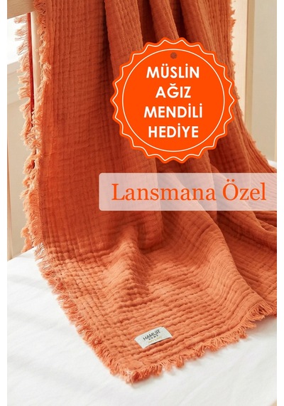 Bebek 4 Katlı Müslin Pike Örtü %100 Pamuk 2'li Ağız Bezi Hediyeli Yenidoğan 85x100 Battaniye Kiremit