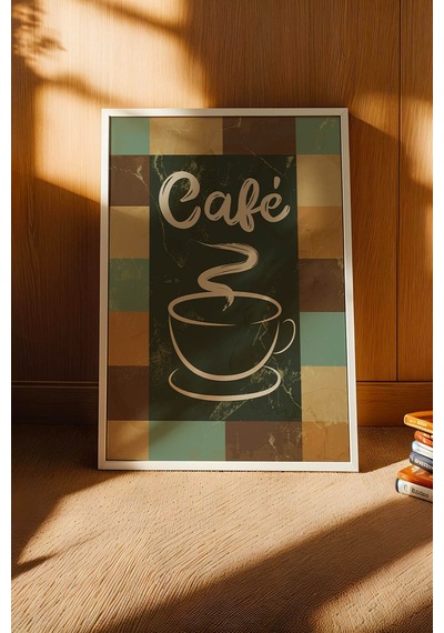 Retro Café Sanatsal Tasarım Çerçeveli Tablo - Vintage Kahve Köşesi Duvar Dekoru Beyaz