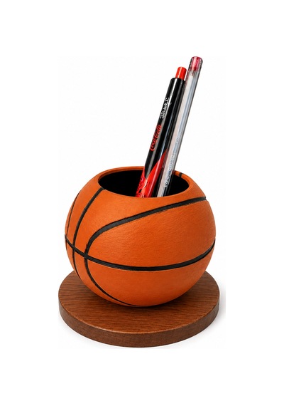 Basketbol Topu Tasarım Kalemlik 10 Cm Standlı Dekoratif Masaüstü Organizer Kalem Tutucu Siyah - Beyaz