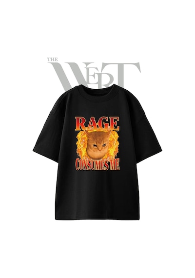 Thewert Rage Cat 1 Tasarım Baskılı Ünisex Siyah Oversize T-shirt