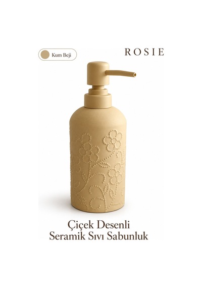 Rosıe Kum Beji Çiçek Dokulu Yuvarlak Seramik Sıvı Sabunluk 350 Ml Karışık