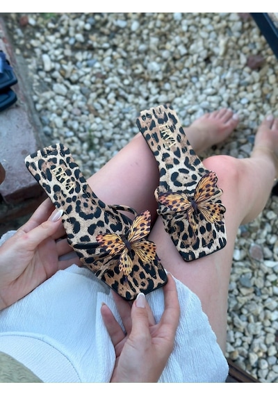 Erva'nın Butiği Leopar Aisha Leopar Kelebek Detay Kadın Terlik-6342 Leopar Cilt