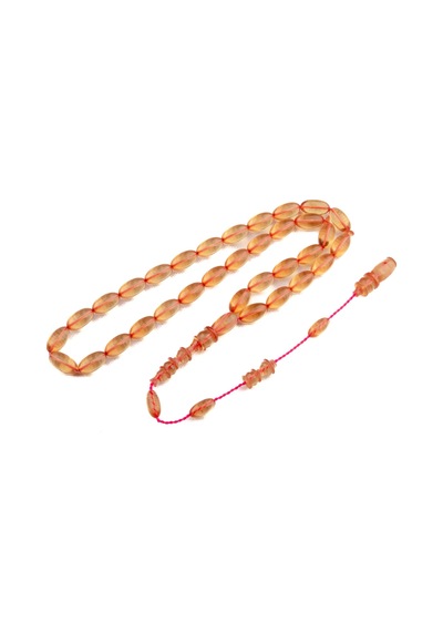 Burhan Sağlam Şeffaf Beyzi Kesim 12x7 Mm Ateş Kehribar Sistem Püsküllü Tesbih Bs24656
