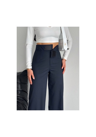 Gugus Kadın Cepsiz Dokuma Kumaş Pantolon Beli Cırtlı Bol Paça Wide Leg Model Lacivert