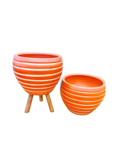 Bitki Tasarımı Yan Çizgi Terrakota Toprak Saksı Saksılık Salon Çiçeklik İkili Set Ayaksız - 3 Ayaklı- 15 Cm