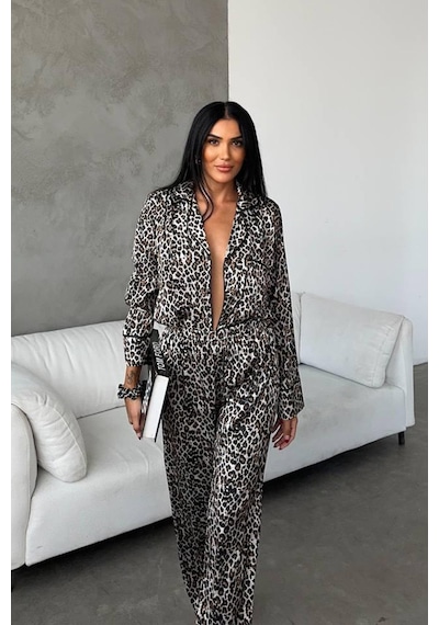 Yeşil Leopar Dijital Baskılı Uzun Saten Pijama L Yeşil - Gri