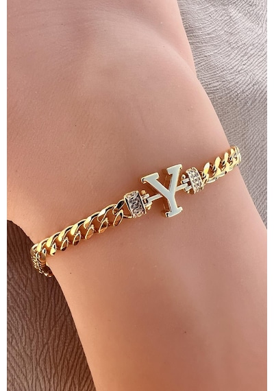 Söğütlü Silver Gümüş Altın Yaldızlı Zirkon Taşlı Üç Boyutlu Gurmet Zincirli Harf Bileklik Barcode Gümüş