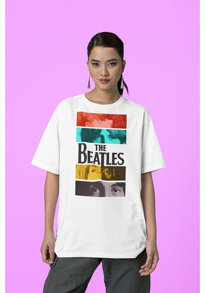 The Beatles Baskılı Unisex Tişört, Oversize Müzik Grubu Tişört Beyaz