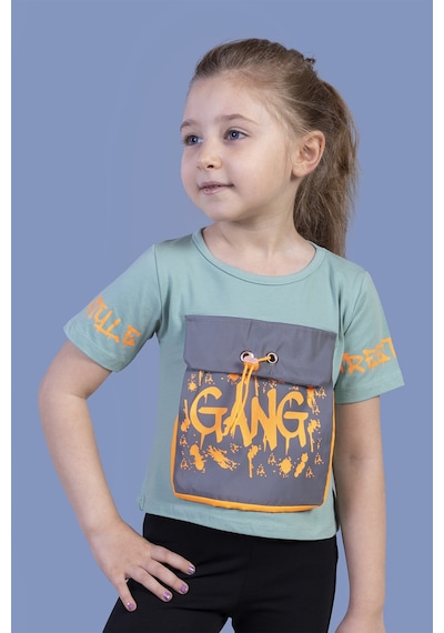 Toontoy Kids Toontoy Kız Çocuk Cebi Reflektör Detaylı Baskılı Tişört Yeşil