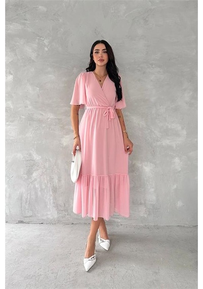 Neşeli Butik Kadın Kruvaze Yaka Kuşaklı Şifon Elbise Nbk4115 Pembe