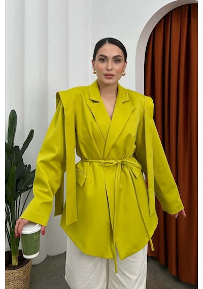 Msm Fashion Kadın Oversize Blazer Ceket Kuşaklı Omuz Detaylı Limon Yeşili Yeşil