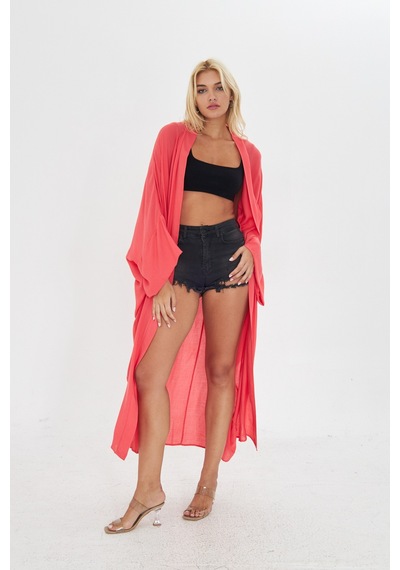 Kutaf Nar Çiçeği Uzun Kimona/ Beachwear Narçiçeği