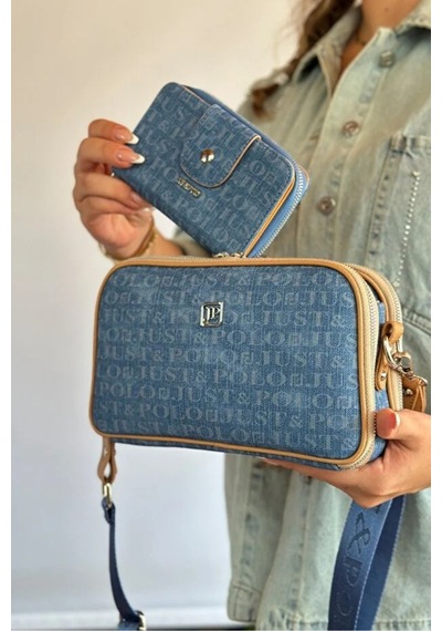 Just Polo Kadın Günlük Kullanıma Uygun Şık Omuz Çantası Ve Cüzdanı Kombin Shopper Koyu Kot Mavi