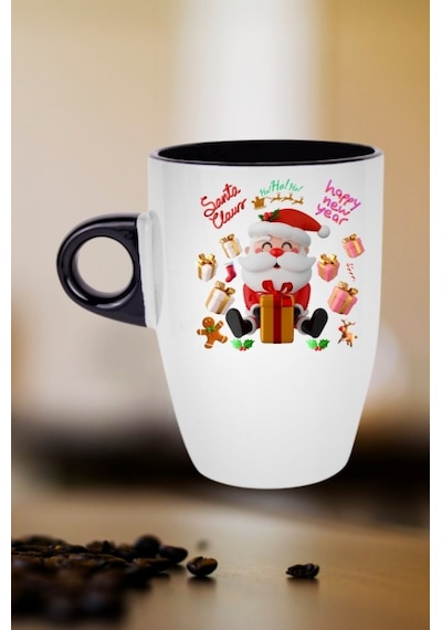 Noel Baba Happy Christmas Baskılı Kupa Bardak Porselen Latte Filtre Kahve Fincanı Siyah