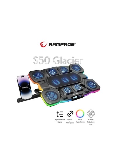 S50 Rgb Işıklı 11 Fanlı Lcd Göstergeli 1 Type C 1 Usb Girişli Notebook Soğutucu