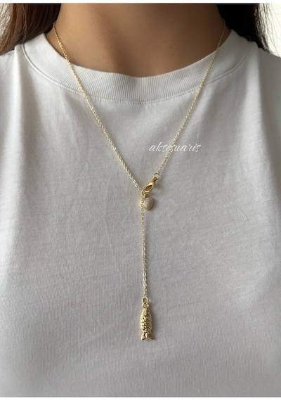 Gold Balık Ve Kalp Detay Dekolte Kolye Sarı Sarı