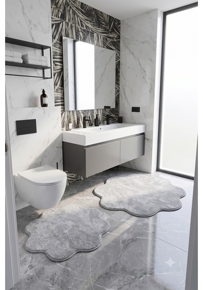 2'li Papatya Banyo Paspası Takımı Kaymaz Taban Yıkanabilir Peluş Pofuduk Post 80x80 - 100x100 Gri Gri