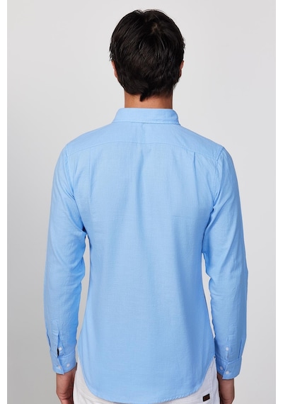 Tudors Slim Fit Uzun Kol Biyeli Yaka Düğmeli Keten Mavi Erkek Gömlek-28744-mavi Mavi