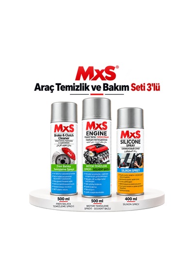 Mxs Araç Temizlik Ve Bakım Seti 3'lü-mxs Fren Balata Temizleme Spreyi 500 Ml, Mxs Susuz Motor Temizleme Spreyi 500 Ml, Mxs Silikon Sprey 400 Ml