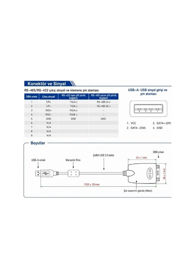 Utek Ut 890a Usb Den Rs 485/422 Ye Esd Korumalı Seri Dönüştürücü 1 Port 1.5m