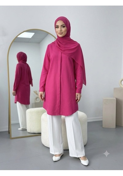 Lovie Moda Basic Oversize Tunik Gömlekli Takım Pembe