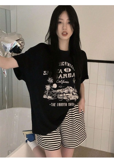 Santa Barbara T-shirt - Siyah Baskılı Oversize Bisiklet Yaka Kısa Kol SIYAH