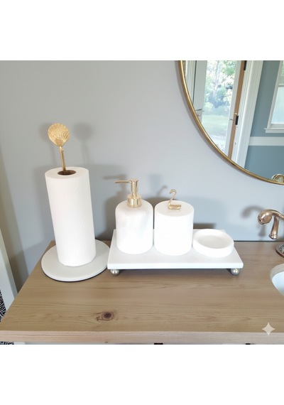 Doğal Beyaz Mermer Banyo Ve Lavabo Düzenleyici 5 Li Set Gold Aksesuarlı Beyaz