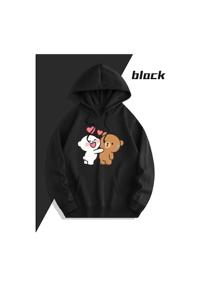Nevermind Sevgili Çift Kombini Sevimli Ayıcık Baskılı Kapüşonlu Sweatshirt Siyah